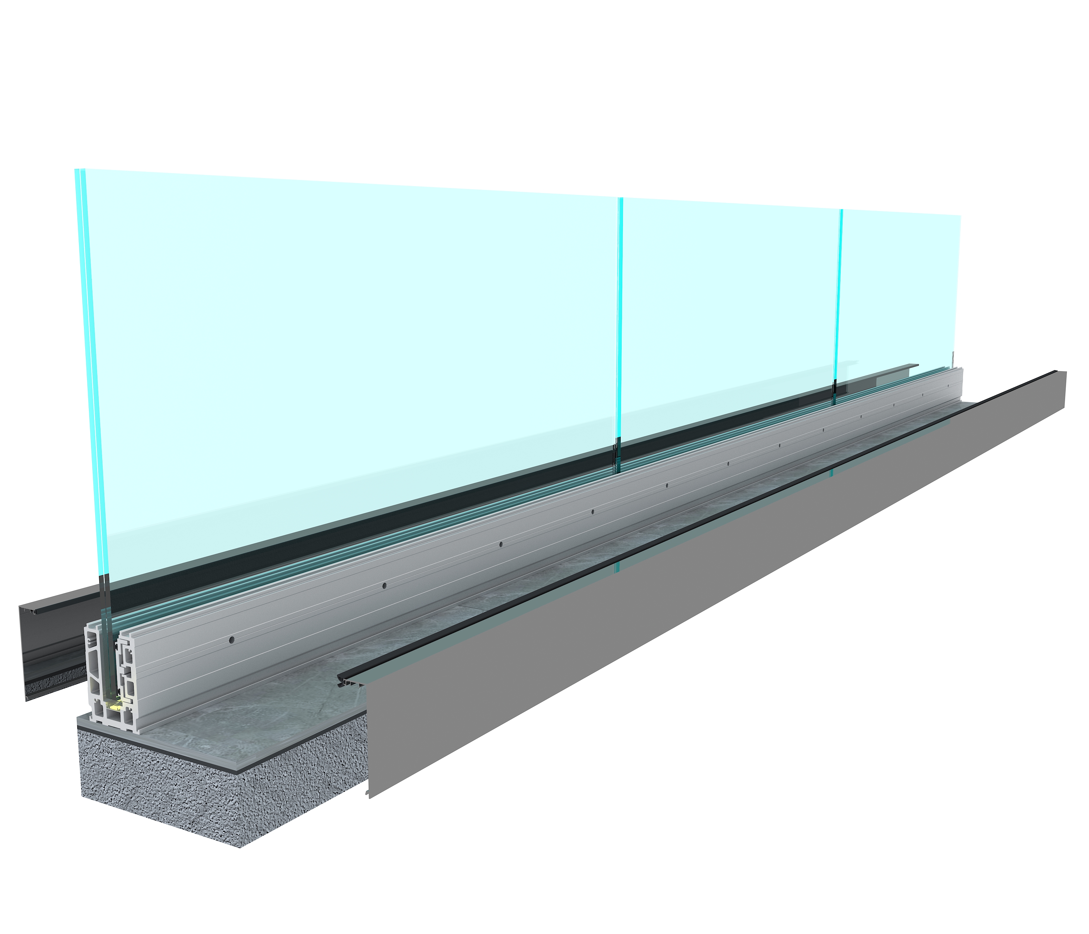 Линеарна континуална примена система ограда од свих стакла на поду
