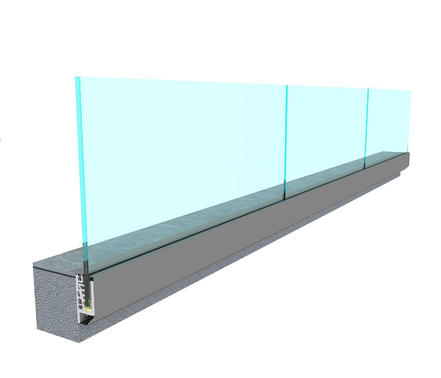 Segmentutseende til sidemontert all-glass rekkverkssystem