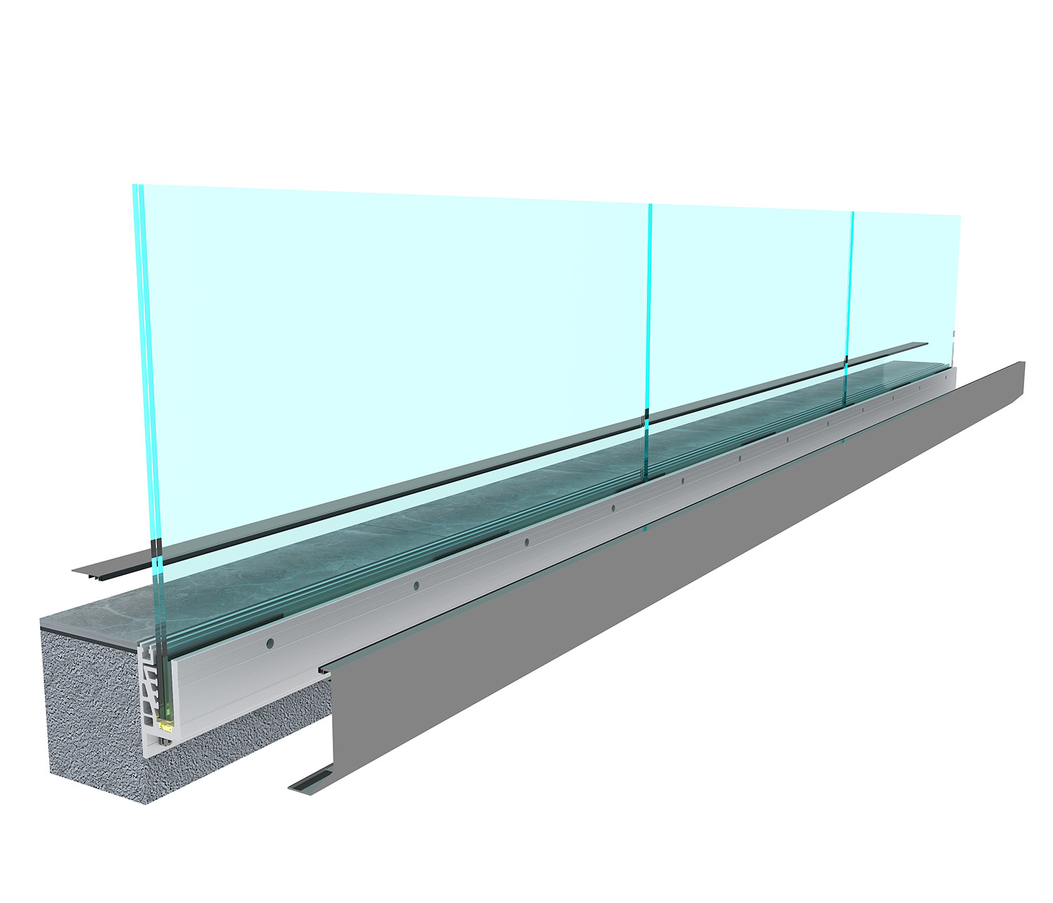 Lineær kontinuerlig påføring av sidemontert all-glass rekkverkssystem