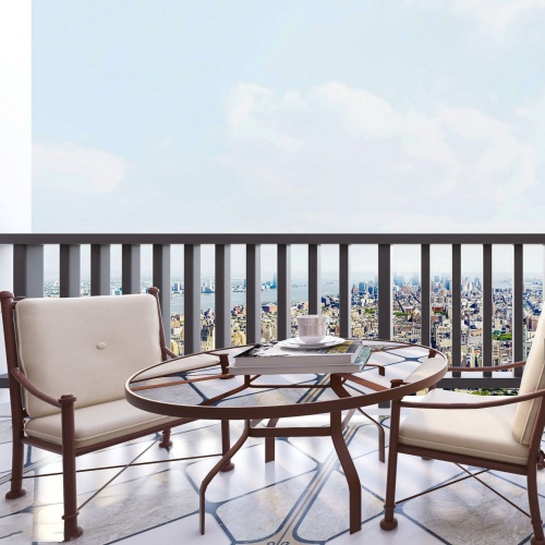 3D rendering,The design of the outdoor balcony of the urban residence is equipped with flowers, leisure tables, chairs and other decorations.