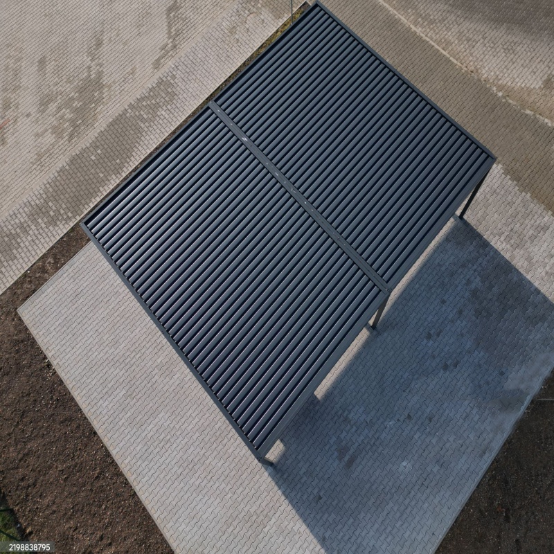 Adjustable slats and the possibility of individual adjustment for maximum comfort. aluminum climatically roofed terraces with ventilation from below. industrial design, concrete. camping, parking, slats, blinds window, climatic
